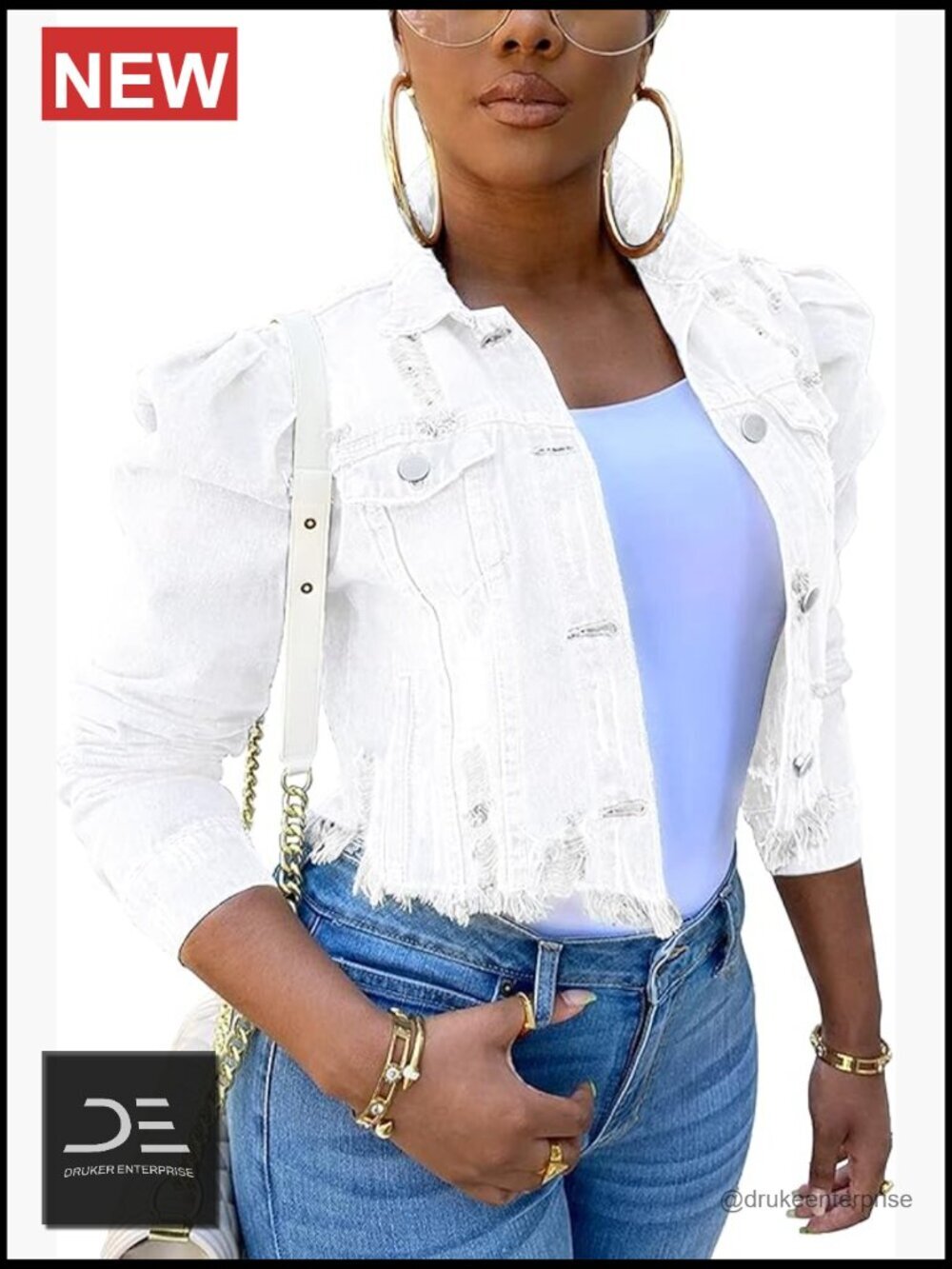 Ripped Puff Sleeve Denim Crop Top Long-Sleeve Cropped Jean Jacket
